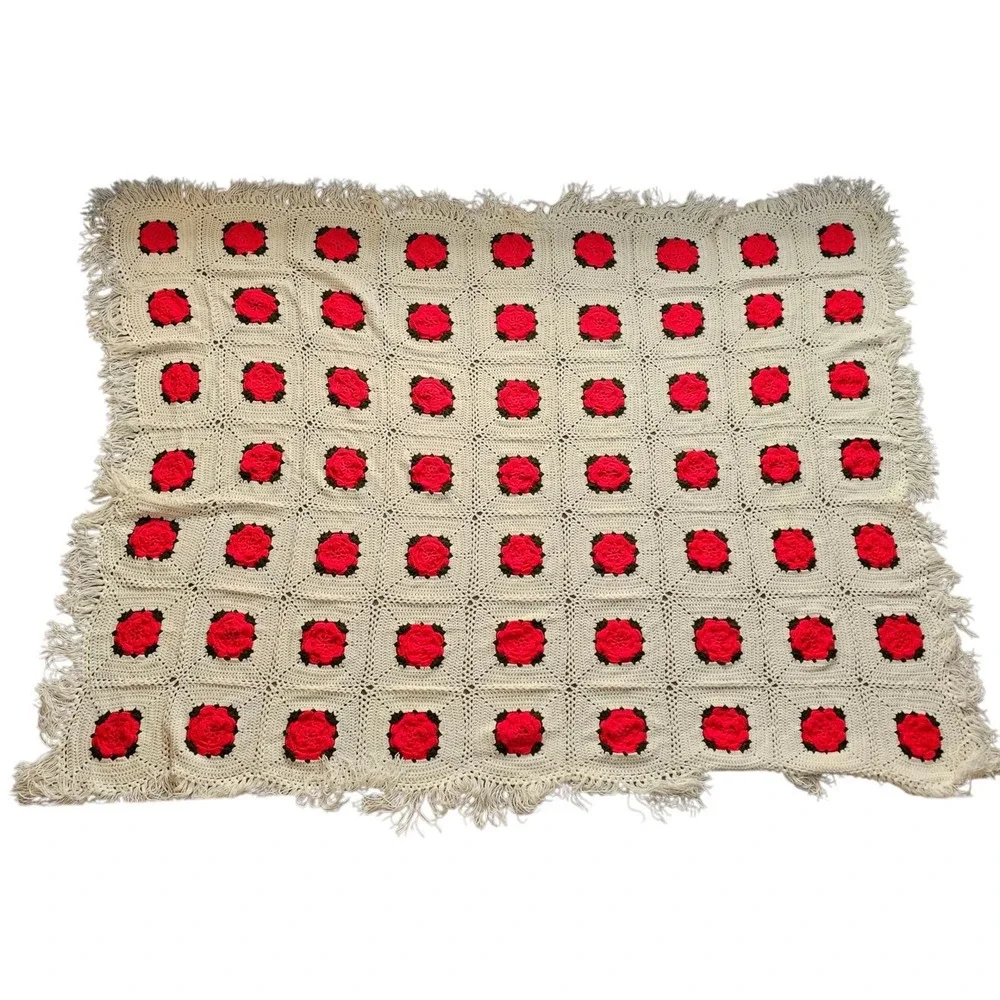 Vintage 70s Handmade Crochet Afghan Blanket Red Rose Granny Squares Fringe Throw